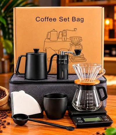 Portable Manual Coffee Brew Set — Kettle, Grinder, Dripper, Scale & Server