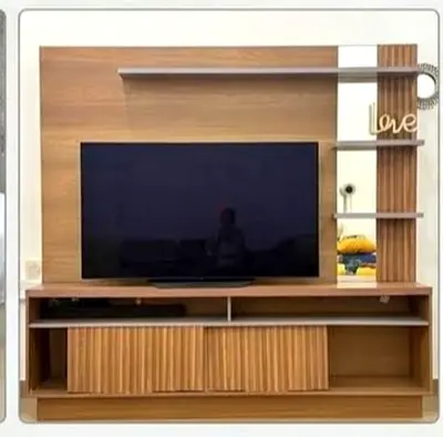 Wooden TV Entertainment Unit with Shelves and Sliding Doors