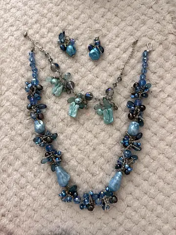 Handmade Blue Cluster Necklace with Matching Earrings and Bracelet - Set