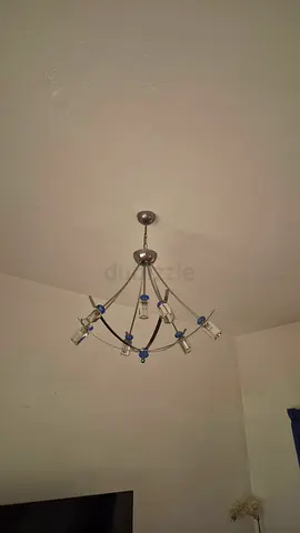 Modern ceiling chandelier with blue glass accents - good condition