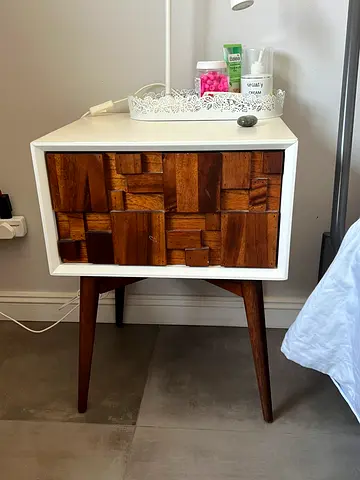 Pair of Wooden Side Table with Textured Drawer - Mid-century Style