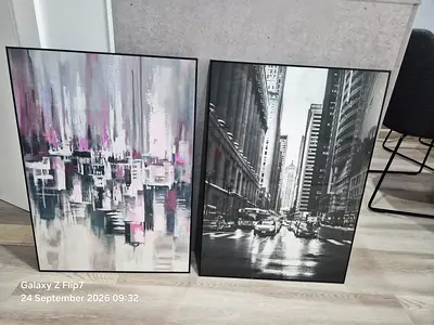 Pair of Framed Cityscape Prints - Modern Abstract and Black & White Street Scene