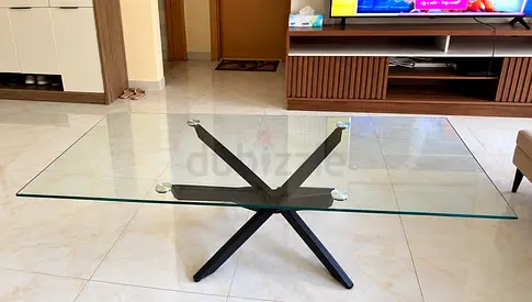 Glass Coffee Table with Metal X-Base