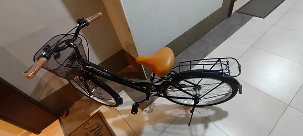 Commuter Bicycle with Basket & Rear Rack - Good Condition. Black color body, Beige seat & handles.