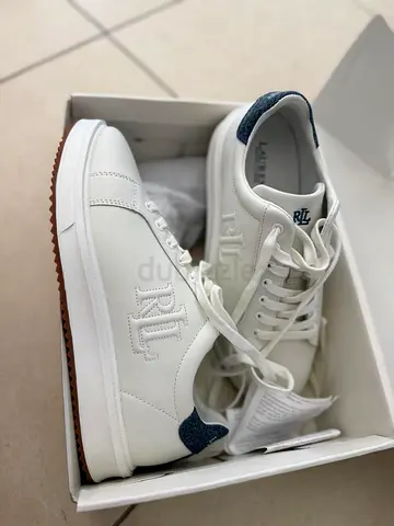 Brand new Ralph Lauren RL white leather sneakers - denim details size 9B unused in box