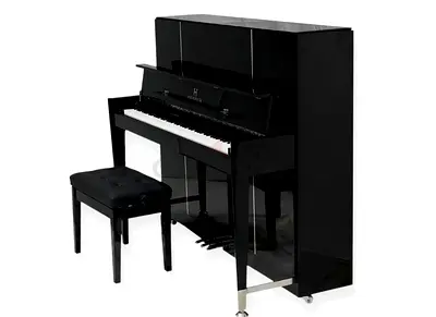 Polished Black Upright Piano with Bench - Good Condition