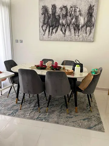Marble-top Dining Table with 6 Grey Velvet Chairs - Good Condition