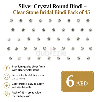 Pack of 45 Silver Crystal Round Bindis - Clear Stone Bridal Bindis