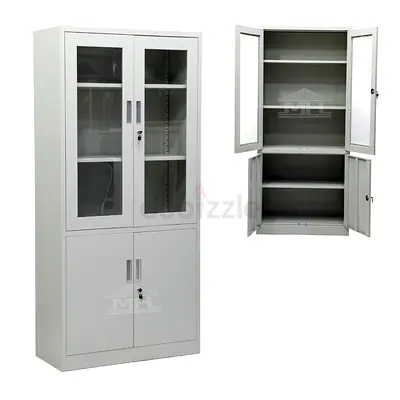 Steel Office Storage Cabinet with Glass Upper Doors - 4 Shelves, Lockable