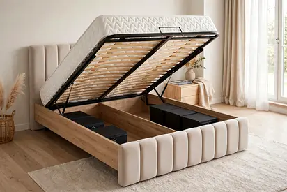 King Storage Bed with Lift-Up Ottoman and Upholstered Headboard - Light Beige