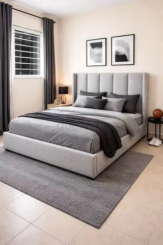 Modern Grey Upholstered Bed Frame with Headboard