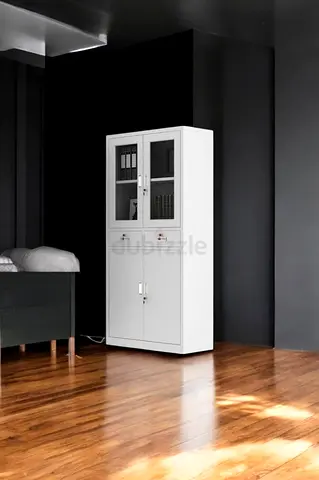 White tall storage cabinet with glass doors and lockable lower compartment