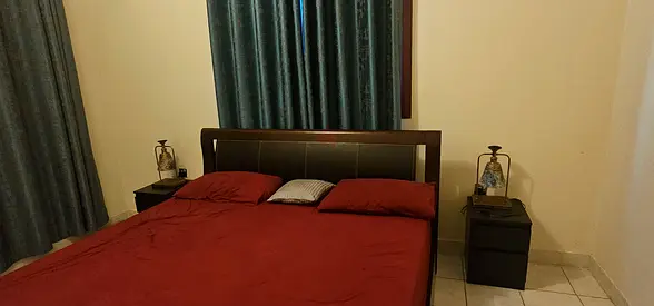 King size bed frame with headboard and 2 bedside tables - dark wood/black,with side tables+dresser
