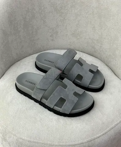 Grey Hermes-style Suede Slide Sandals - Size Not Specified