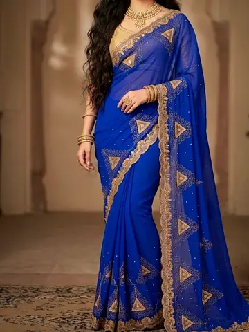 Blue Georgette Saree with Gold Embroidery - Good Condition brand new blouse peice attached