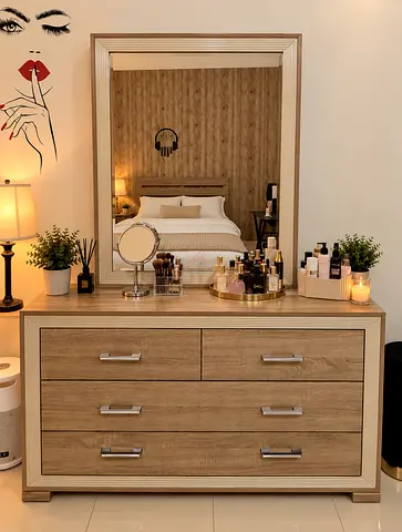 Wooden Chest of Drawers Dresser with Large Mirror - Light Oak Finish