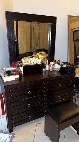 Dark Wood Dresser with Mirror and Stool - Good Condition