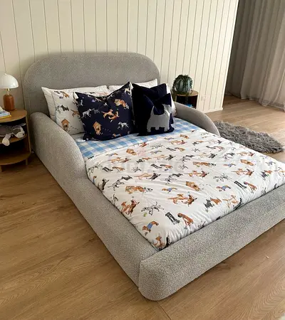 Customised brand new Gray Upholstered Bed with Curved Headboard