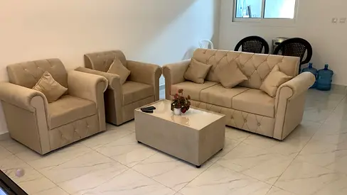 Get the brand new 5 seater sofa 3+1+1 with table and pillows beige color