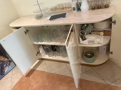 White gloss sideboard / buffet with marble top — good condition