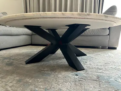 Round Marble Top Coffee Table with Black Metal X-Base