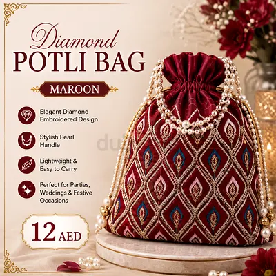 Maroon Diamond Embroidered Potli Bag with Pearl Handle