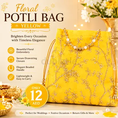 Yellow Floral Potli Bag with Beaded Handle - Perfect for Weddings & Festive Occasions