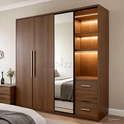 Modern Wooden Wardrobe with Mirror and Shelves - 3 Doors, Built-in Lighting