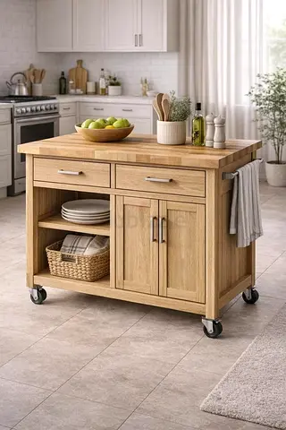 Wooden Kitchen Island with Storage and Wheels