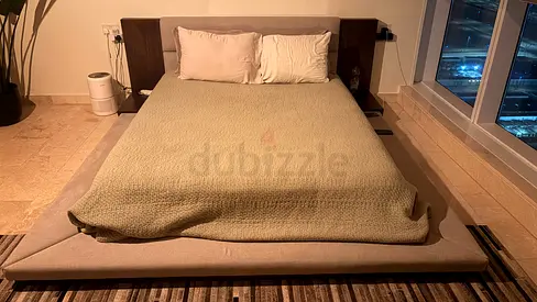 Modern low-profile platform bed with headboard - queen size