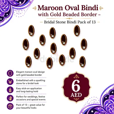 Pack of 13 Maroon Oval Bridal Bindi with Gold Beaded Border