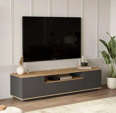 Modern low TV cabinet with wood top - dark grey
