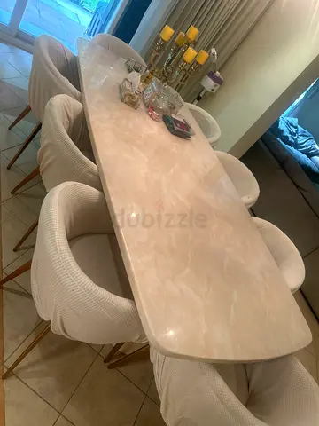 Marble-look Dining Table with 8 Upholstered Chairs - Good Condition