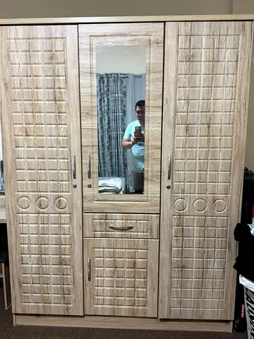 3-Door Wardrobe with Mirror - Light Wood Finish