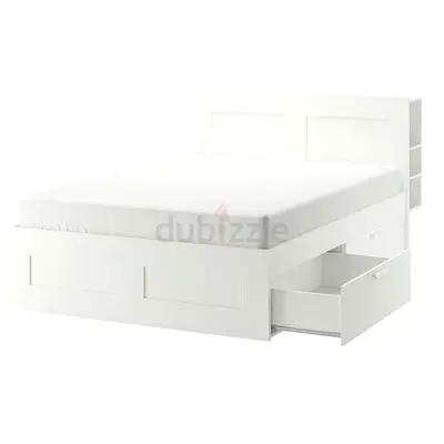 White Storage Bed with Headboard Shelves and Drawers - Double/Queen