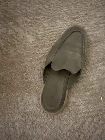 Light grey suede slip-on women's mule, size unknown, gently used