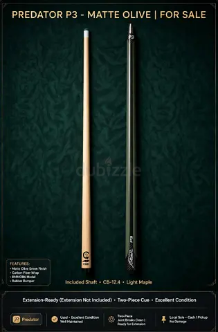 Predator P3 Matte Olive 2-Piece Pool Cue with Shaft (Light Maple) - Excellent Condition