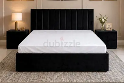 King Size Black Velvet Bed Frame with Padded Headboard