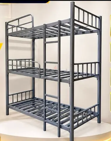 Sturdy Metal Triple Bunk Bed Frame – Grey, Space-Saving Dorm Style