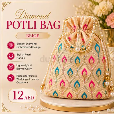 Beige Diamond Embroidered Potli Bag with Pearl Handle