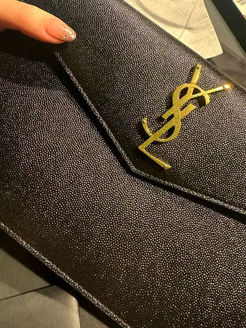 Black YSL-style Envelope Clutch with Gold Logo