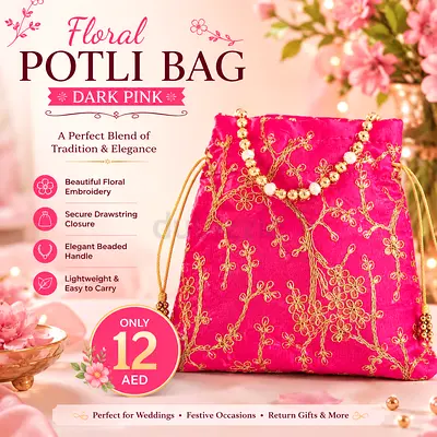 Dark Pink Floral Potli Bag with Beaded Handle - Perfect for Weddings
