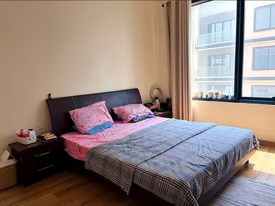 Queen bed frame with headboard and 2 bedside tables - good condition