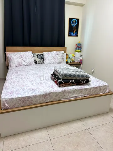 Super King size wooden bed frame and headboard storage- very good condition