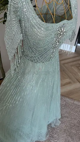 Light mint beaded evening gown with fringe and brooch detail - size large