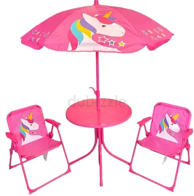 Kids Unicorn Patio Set — Pink Table, Umbrella and 2 Folding Chairs