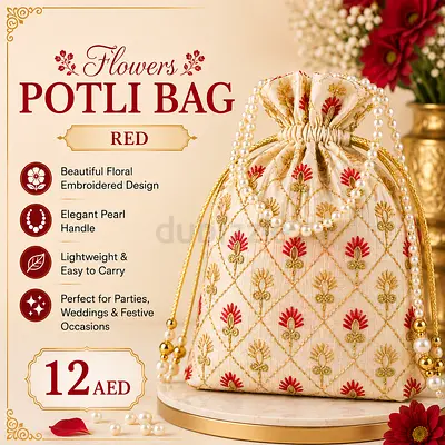Red Floral Embroidered Potli Bag with Pearl Handle