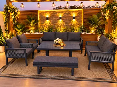 Sofa set aluminium grey hydraulic table rope style outdoor furniture garden furniture