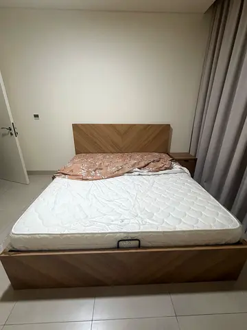 King-sized bed frame (Hydraulic Storage)with mattress, headboard and x1 side table  - good condition