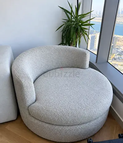 Round Bouclé Accent Chair / Lounge Chair - Light Grey